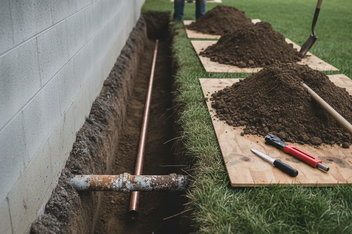 Excavated water line trench during Sewer Line Repair in Kettleman City